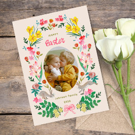 Floral Bunny Happy Easter Family Photo Card Einladung