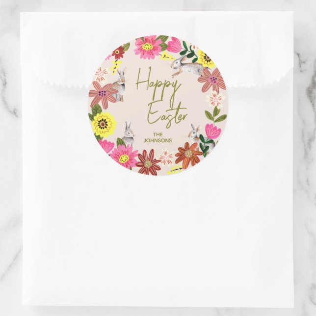 Floral Bunny Happy Easter Spring Gift Runder Aufkleber (Tasche)