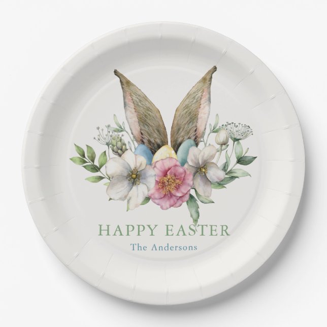 Floral Bunny Oar Happy Osterfeier Pappteller (Vorderseite)