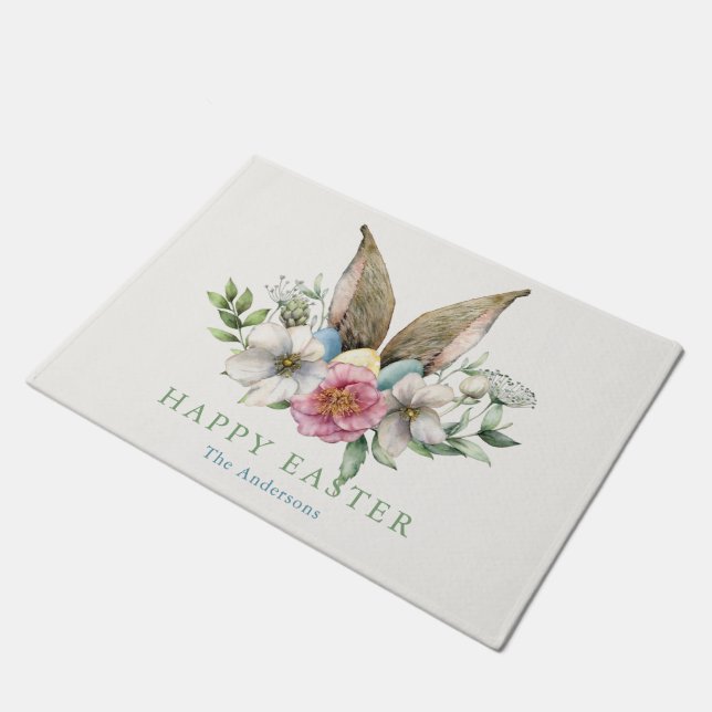 Floral Bunny Ohr & Eggs Ostern Fußmatte (Schrägansicht)