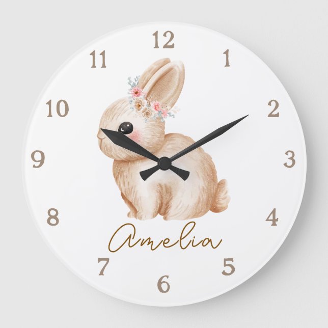 Floral Bunny Personalized Nursery Wall Clock Custo Große Wanduhr (Vorderseite)