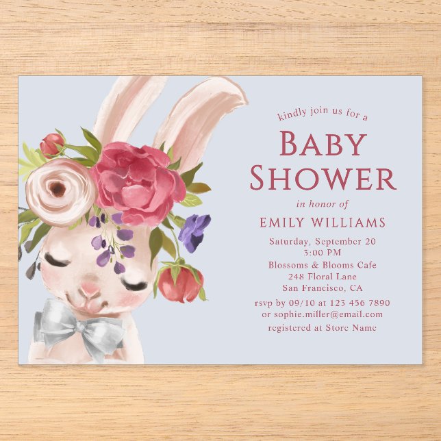 Floral Bunny Rabbit Wasserfarbe Niedlich Babydusch Acryleinladungen (Vorderseite)