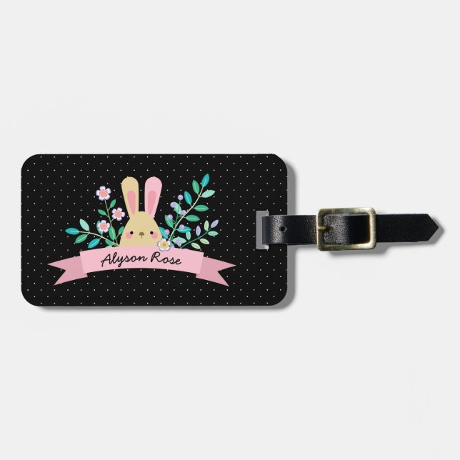 Floral Bunny | Rosa und Schwarz | Individuelle Nam Gepäckanhänger (Vorderseite horizontal)