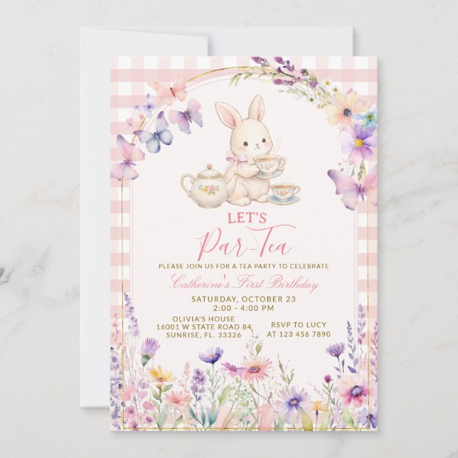 Floral Bunny Tea Party Birthday Pink Gingham Einladung (Vorderseite)