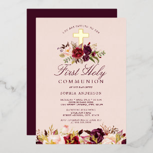 Floral Burgund Cross Girls Erste Kommune Folieneinladung