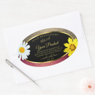 Floral Burgund Gold Glitzer Black Product Labels Ovaler Aufkleber