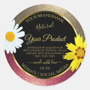 Floral Burgund Gold Glitzer Black Product Labels Runder Aufkleber