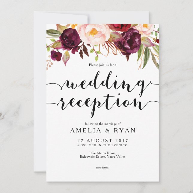 Floral Burgund Hochzeitsempfang Einladung (Vorderseite)
