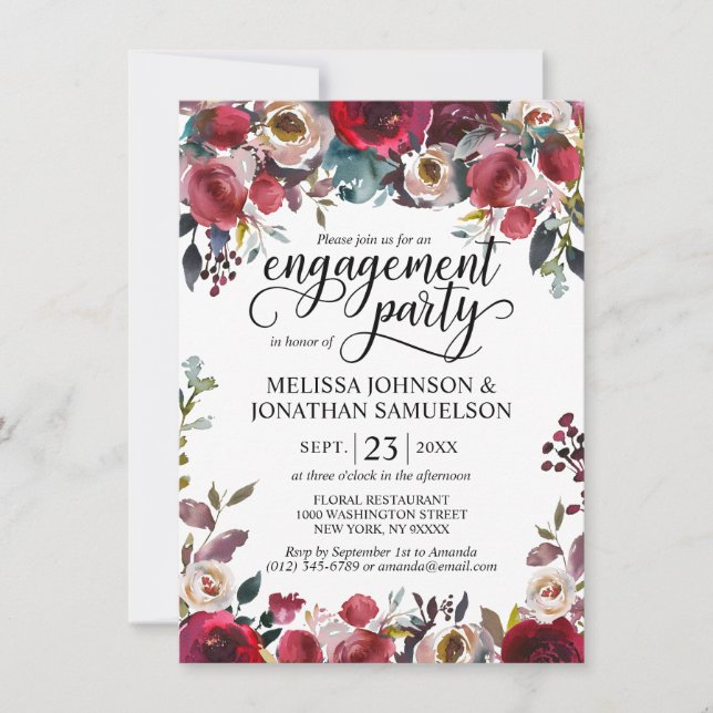 Floral Burgund Merlot Engagement Party Einladung (Vorderseite)