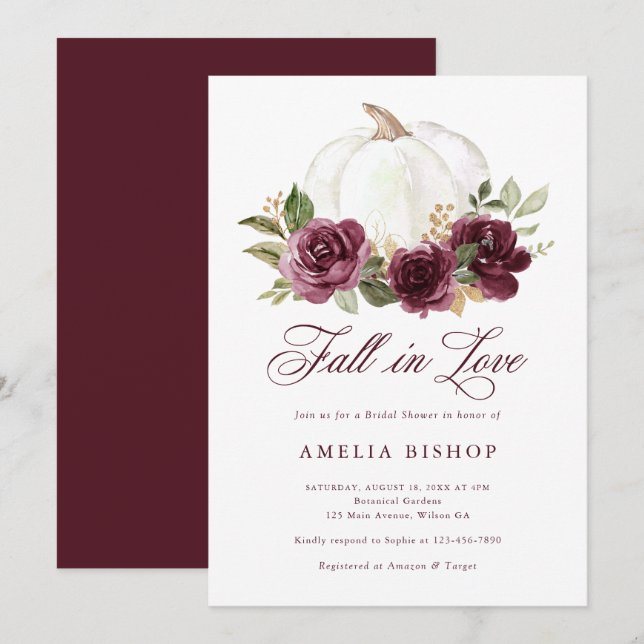 Floral Burgund Pumpkin Fall in Liebe Brautparty Einladung (Vorne/Hinten)