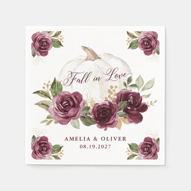 Floral Burgund Pumpkin Fall in Liebe Hochzeit Serviette (Vorderseite)