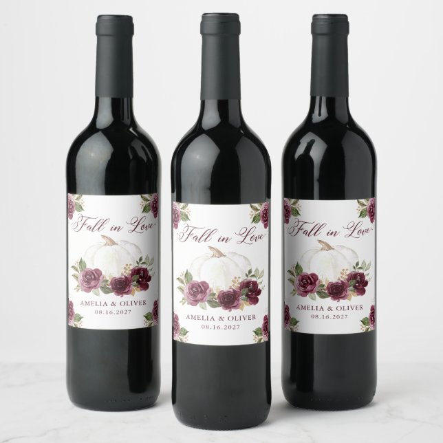 Floral Burgund Pumpkin Fall in Liebe Hochzeit Weinetikett (Flaschen)