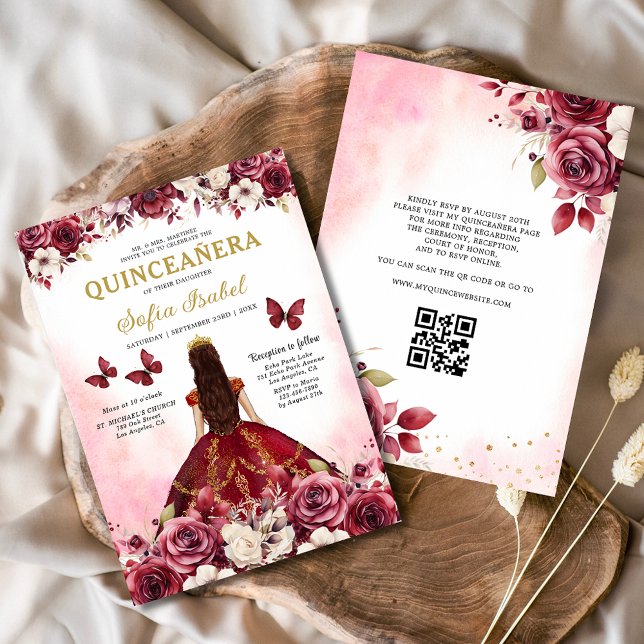 Floral Burgund QR-Code Prinzessin Quinceanera Einladung (Von Creator hochgeladen)