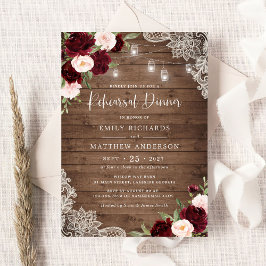 Floral Burgund Rustic Wood Lace Probe Dinner Einladung