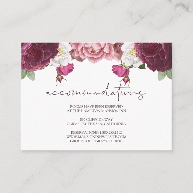 Floral Burgund Wedding Hotel Unterkunft Begleitkarte (Vorderseite)