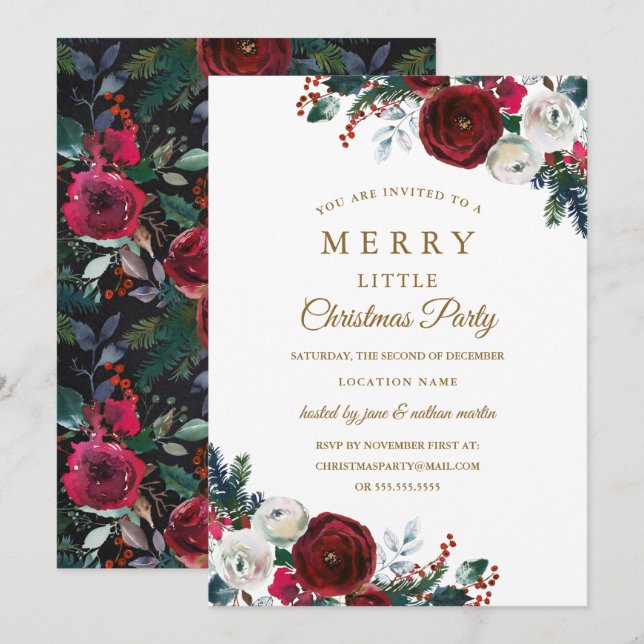 Floral Burgund Weihnachts-Party Einladung (Vorne/Hinten)