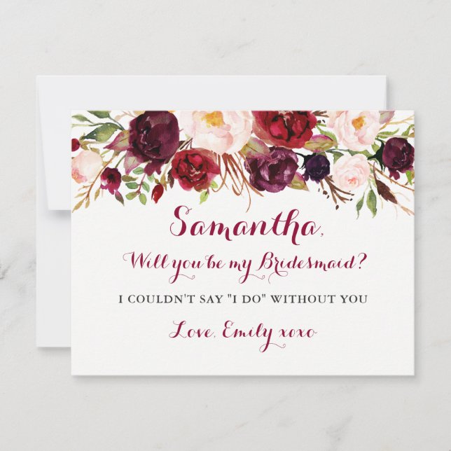 Floral Burgund wird meine Bridesmaid-Karte sein Einladung (Vorderseite)