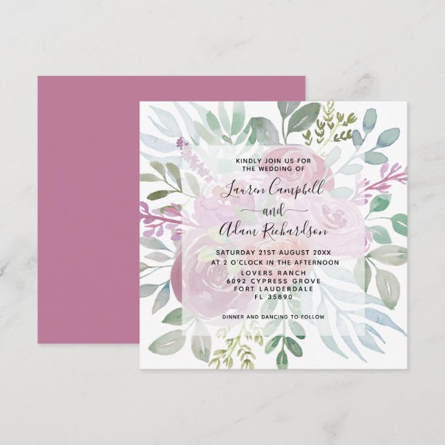 Floral Burgunday Dusty Pink Wasserfarbe Hochzeit Einladung (Vorne/Hinten)