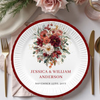 Floral Burgunderrot Herbst Hochzeit Papier Teller