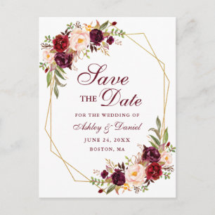 Floral Burgundgoldrahmen Save the Date Ankündigungspostkarte