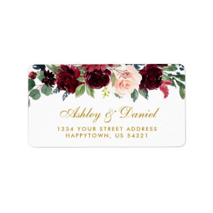 Floral Burgundy Blue Gold Wedding Address Adressaufkleber