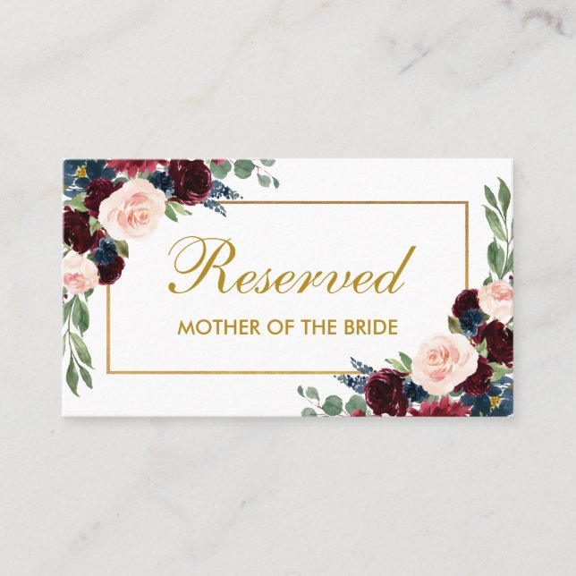 Floral Burgundy Blue Gold Wedding Reservierter Nam Platzkarte (Vorderseite)