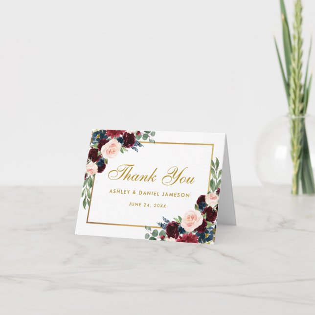 Floral Burgundy Blue Mariage Gold Merci carte de n (Devant)