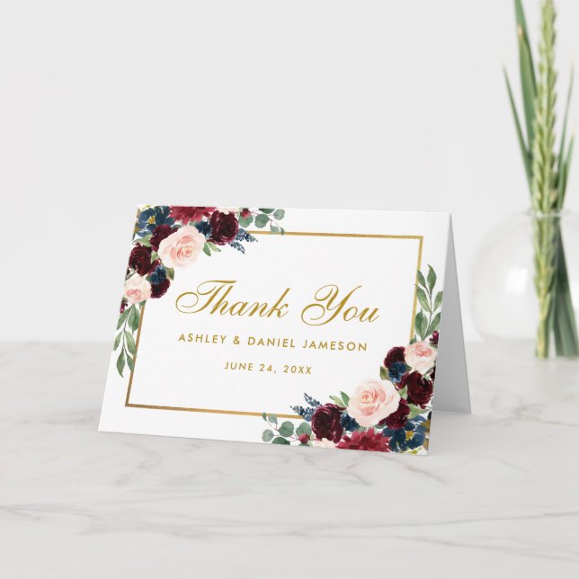 Floral Burgundy Blue Mariage Gold Merci carte plié (Devant)