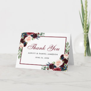 Floral Burgundy Blue Mariage Merci carte pliée