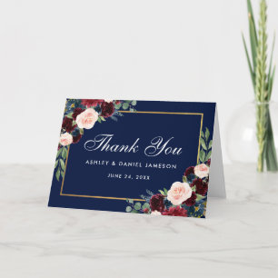 Floral Burgundy Blue Mariage Merci carte pliée