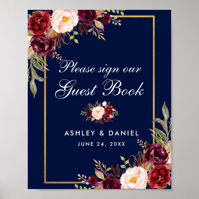 Floral Burgundy Blue Mariage Poster du livre d'or (Devant)