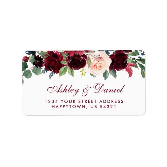 Floral Burgundy Blue Wedding Address Adressaufkleber (Vorne)