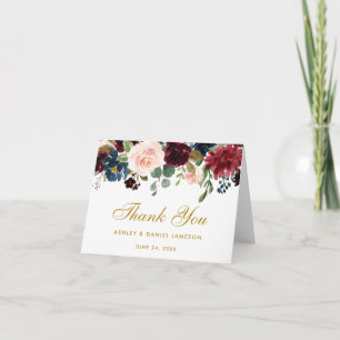 Floral Burgundy Blue Wedding Gold Dankeschön Karte