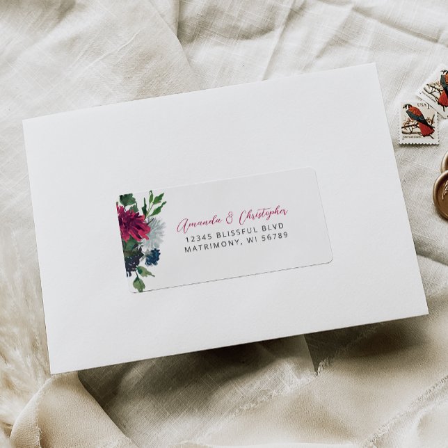 Floral Burgundy Blue Wedding RSVP-Adresse Adressaufkleber (Von Creator hochgeladen)