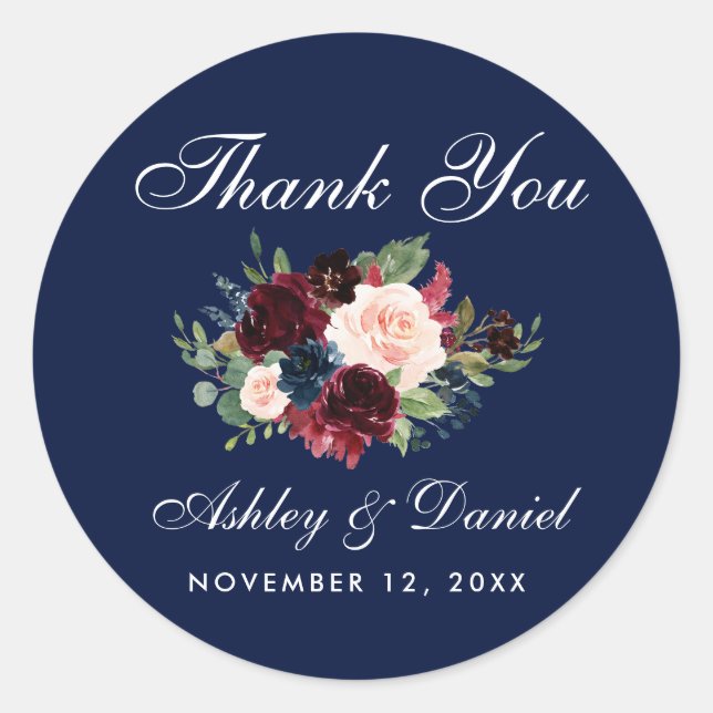 Floral Burgundy Blue Wedding Vielen Dank Runder Aufkleber (Vorderseite)