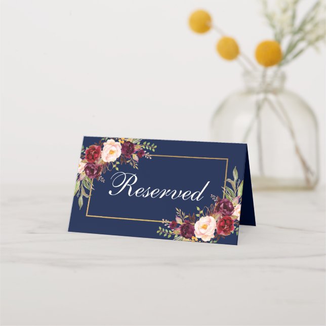 Floral Burgundy Blue Wedding vorbehalten Platzkarte (Vorderseite)