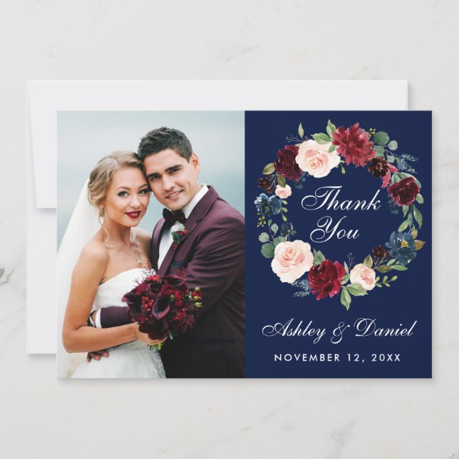 Floral Burgundy Blue Wreath Wedding Foto Dank B Dankeskarte (Vorderseite)