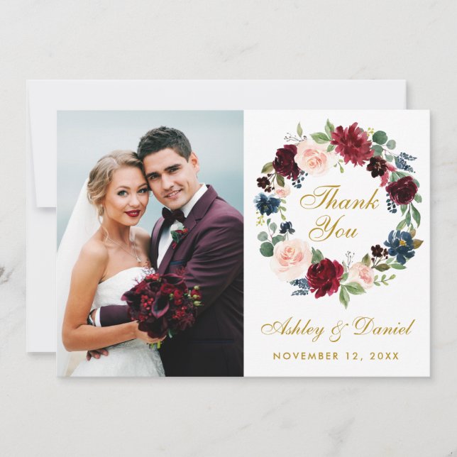 Floral Burgundy Blue Wreath Wedding Gold Danke W (Vorderseite)