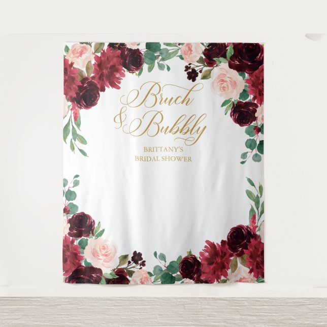 Floral Burgundy & blush Bridal Shower backdrop Wandteppich (Vorderseite)