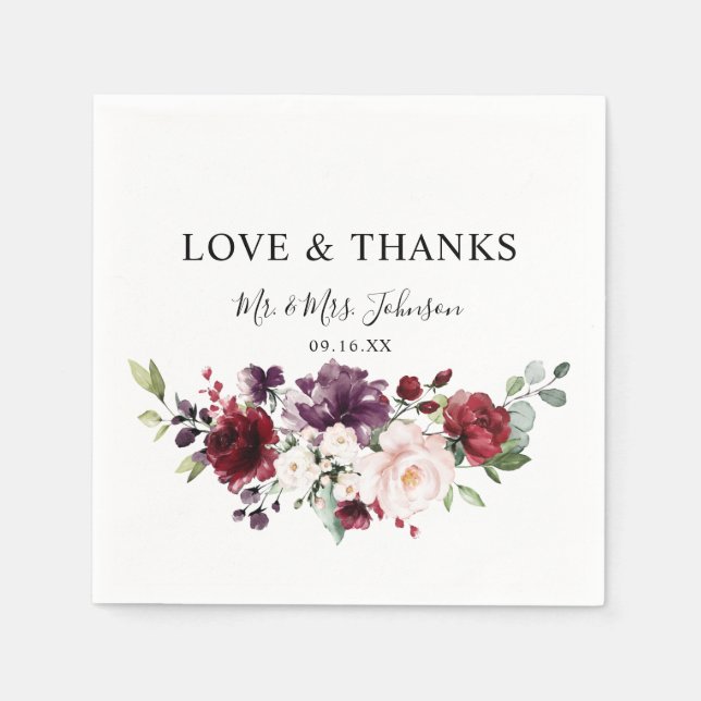 Floral Burgundy Blush Wasserfarbe Liebe und Dank Serviette (Vorderseite)