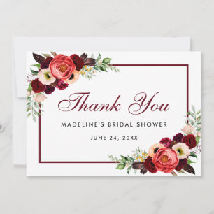Floral Burgundy Boho Fête des mariées Merci Carte 