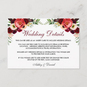 Floral Burgundy Boho Hochzeitdetails Beipackkarte Begleitkarte