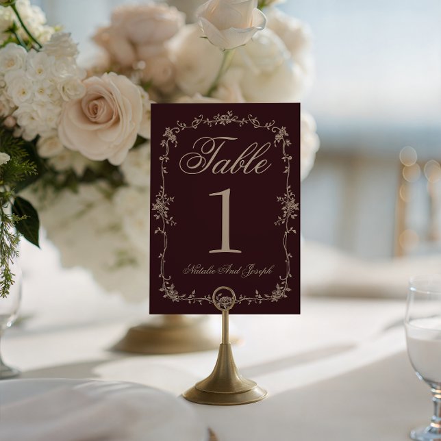 Floral Burgundy Botanical Wedding Table Number Einladung (Von Creator hochgeladen)
