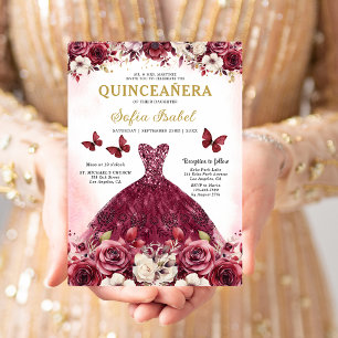 Floral Burgundy Butterfly Prinzessin Quinceanera Einladung