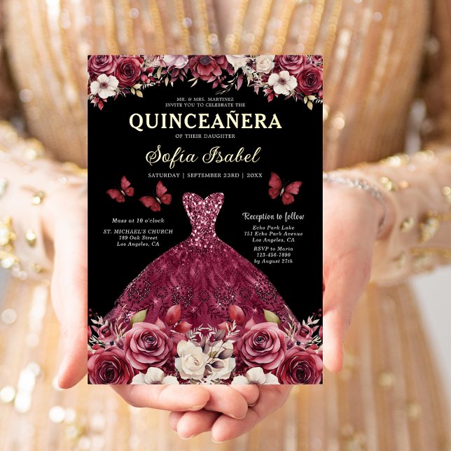 Floral Burgundy Butterfly Prinzessin Quinceanera Folieneinladung (Von Creator hochgeladen)