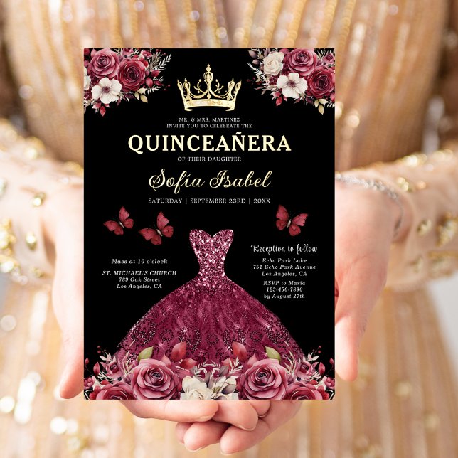 Floral Burgundy Butterfly Prinzessin Quinceanera Folieneinladung (Von Creator hochgeladen)