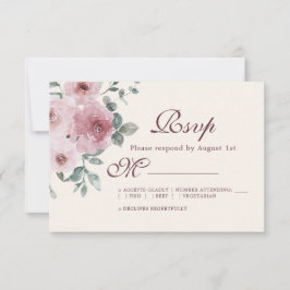 Floral Burgundy Dusty Pink Rose Ivory Wedding RSVP Karte