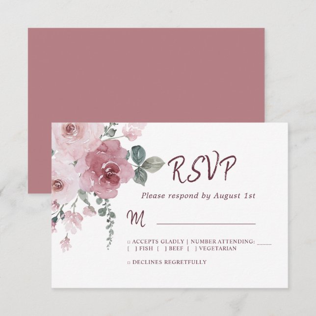 Floral Burgundy Dusty Pink Rose Wedding RSVP (Vorne/Hinten)