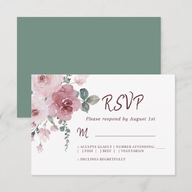 Floral Burgundy Dusty Pink Rose Wedding RSVP (Vorne/Hinten)
