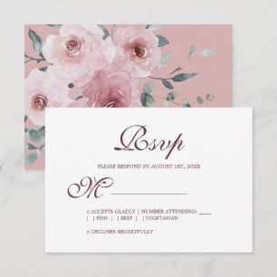 Floral Burgundy Dusty Pink Rose Wedding RSVP Karte